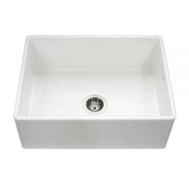 Houzer Platus White Fireclay Apron Front Farmhouse Single Bowl Kitchen Sink with Strainer & Grid